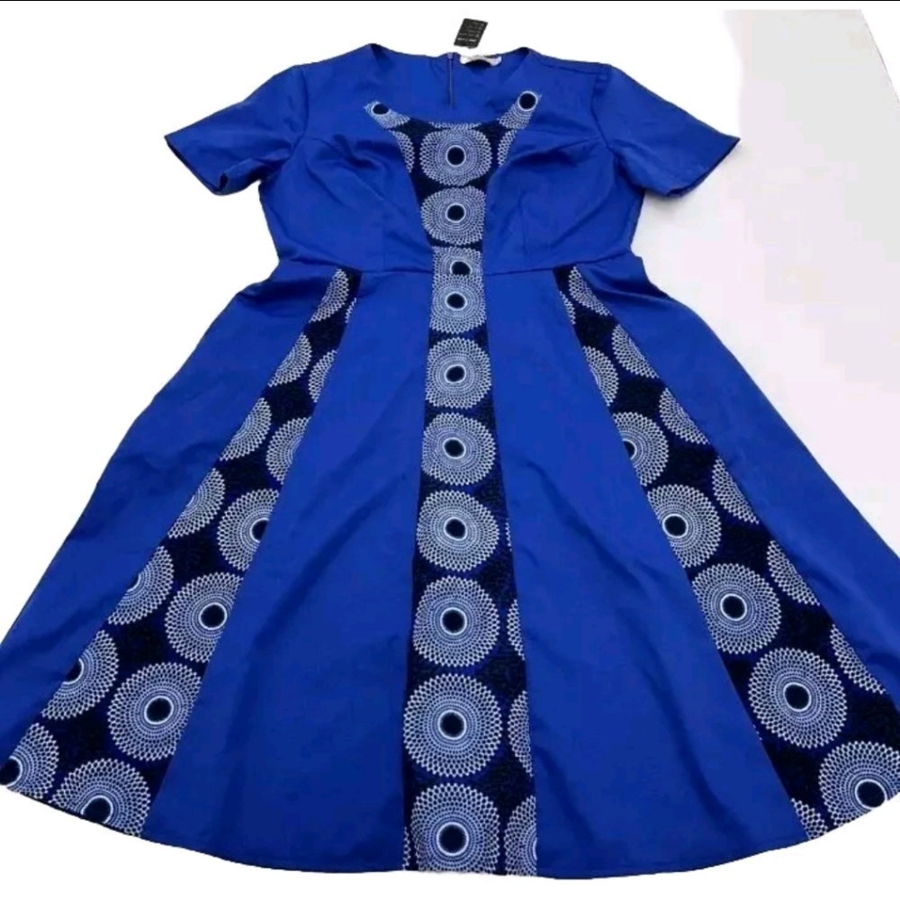 Afripride Womens Blue Crew Neck Dress Mandala Print Side Pockets Sz XL